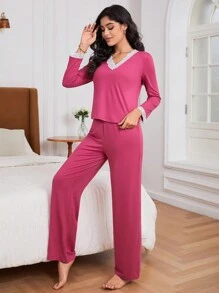 Contrast Lace Trim PJ Set - Hot Pink - View 1
