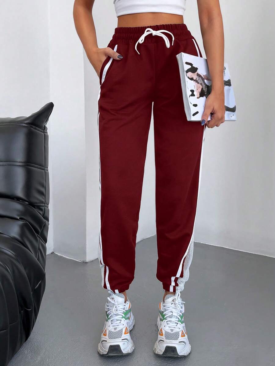 EURMUSE Pantalón de chándal con cintura con cordón y costuras laterales a contraste - Burdeos - Ver 1