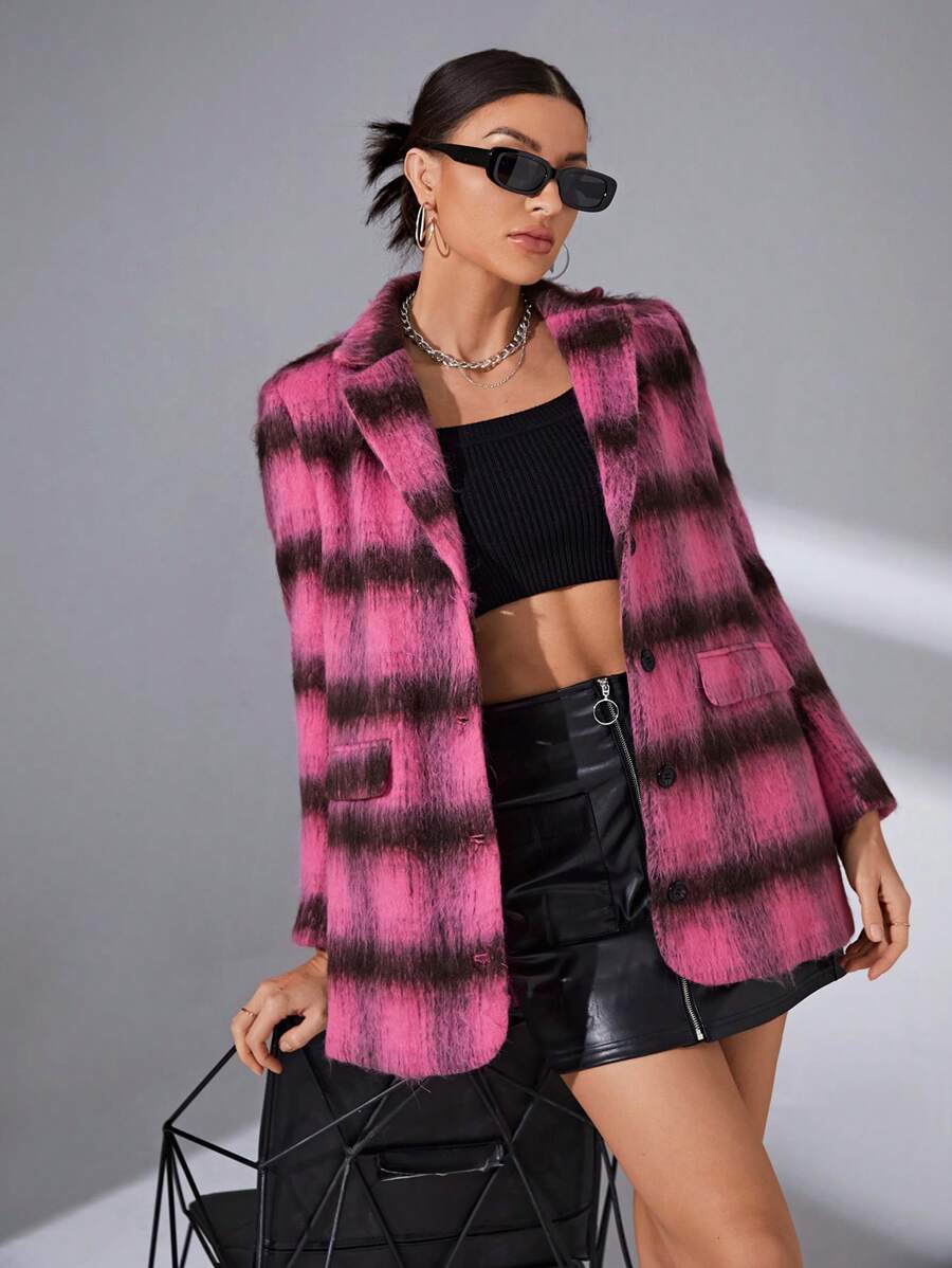 SHEIN Essnce Plaid Print Lapel Neck Blazer