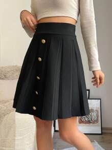 EURMUSE High Waist Button Detail Pleated Sweater Skirt - Black - View 4