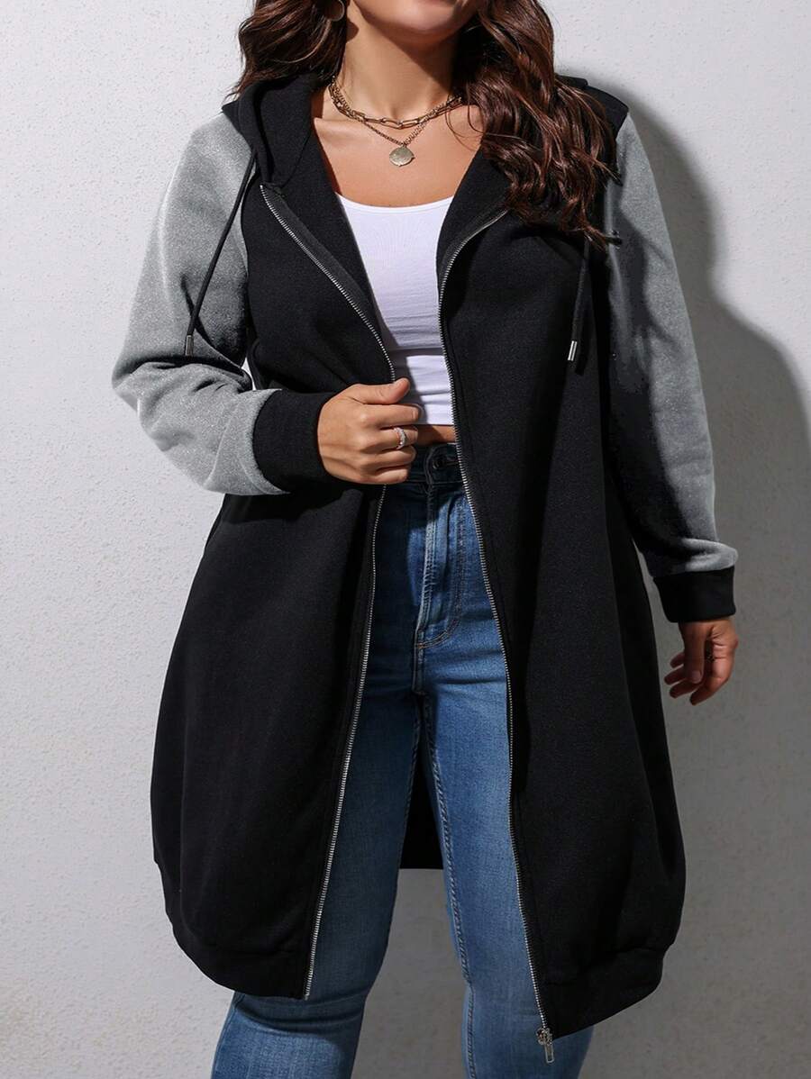 SHEIN CURVE+ Áo nỉ có khóa kéo và dây rút, phối màu, cỡ lớn. - màu đen - Xem 1