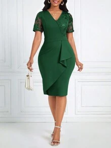 SHEIN Lady Tương phản Sequin Lưới Vắt Viền Ruffle Váy bodycon - Màu xanh lá cây đậm - Xem 6