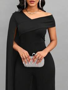 SHEIN Lady Asymmetrical Neck Cloak Sleeve Wide Leg Jumpsuit - Black - View 6