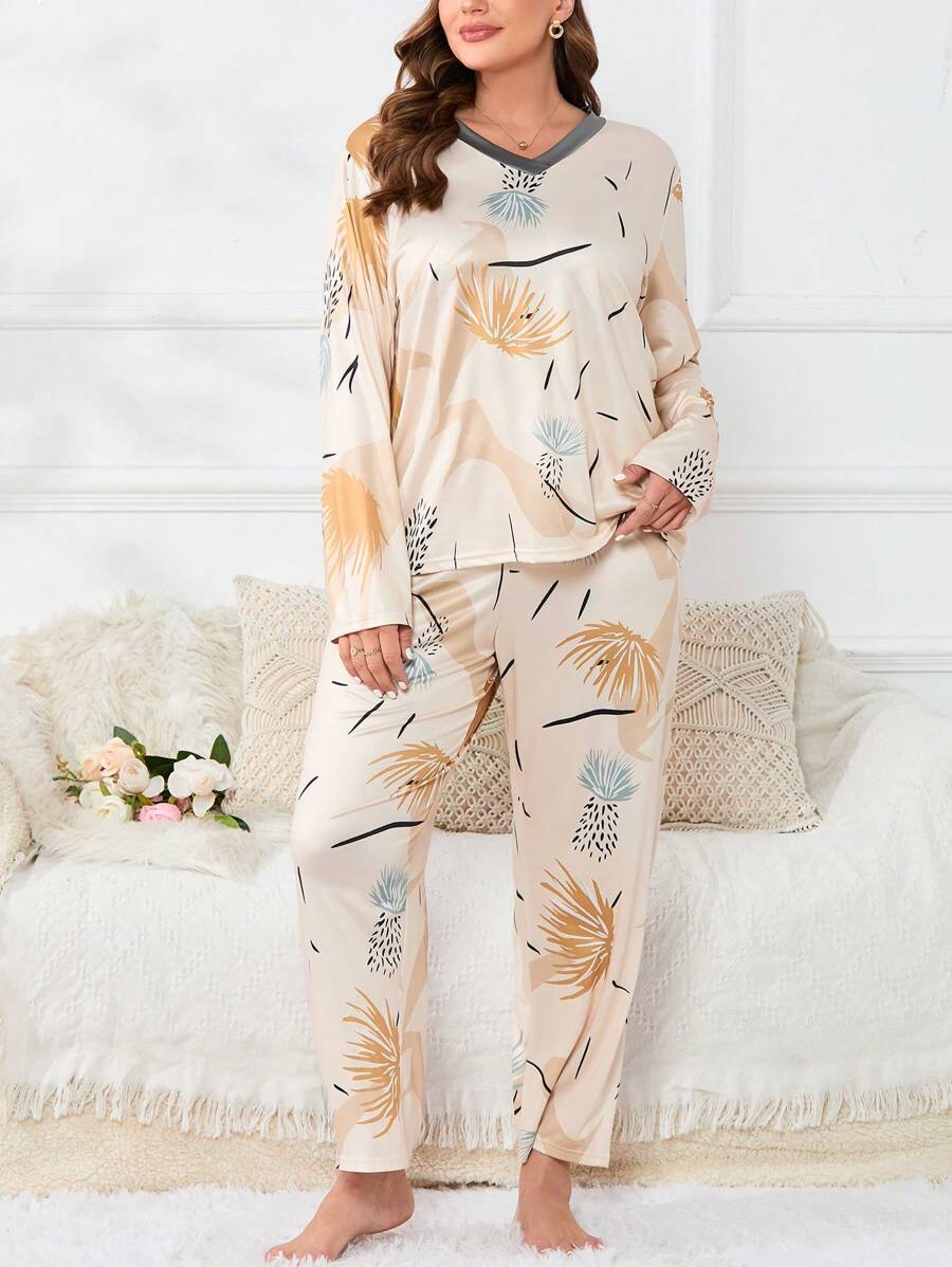 Plus Plants 印花撞色边饰睡衣套装/睡衣套装 - 黃色 - 查看 1