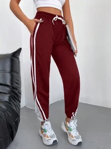 EURMUSE Pantalón de chándal con cintura con cordón y costuras laterales a contraste - Burdeos - Ver 4