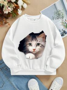 女大童貓印花加絨內裏運動衫 - 白色 - 查看 1