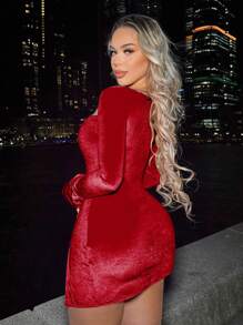 VaVaBold Vestido ajustado de cuello cuadrado con abertura en el muslo para ropa de Año Nuevo, de mujer en terciopelo acanalado - Rojo - Ver 2