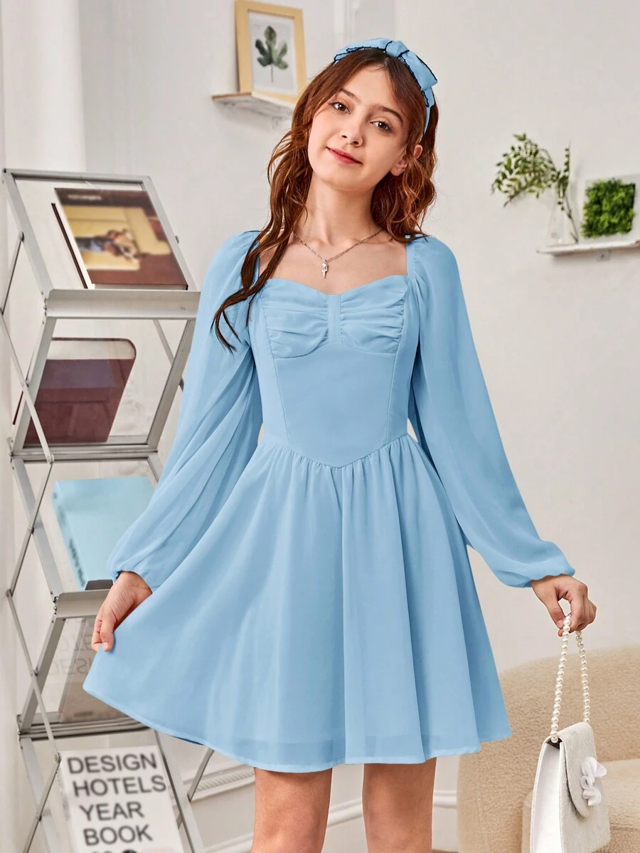 SHEIN Teen Girl Sweetheart Neck Ruched Bust Lantern Sleeve Dress - Baby Blue - View 1