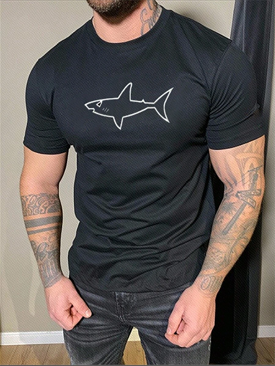 Manfinity 男款卡通鯊魚印花 T 卹 - 黑色 - 查看 1