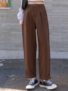 DAZY 女士纯色口袋褶皱休闲商务裤，女士正装裤 - 棕色 - 查看 4