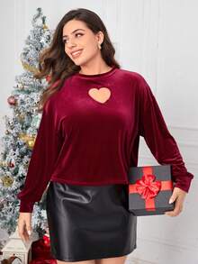 SHEIN Privé Plus Heart Cut Out Drop Shoulder Tee - Burgundy - View 5
