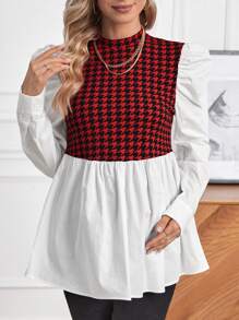 SHEIN Maternity Houndstooth Print Gigot Sleeve Peplum 2 In 1 Blouse - Red - View 3