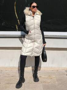 RueChic Long Fluffy Hooded Vest - Beige - View 3