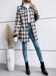 SHEIN LUNE 格紋印花落肩袖翻蓋細節外套