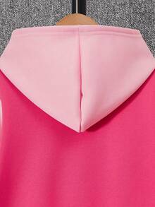 SHEIN Tween Girl Letter Graphic Two Tone Hooded Jacket & Sweatpants Without Tee - Hot Pink - View 6