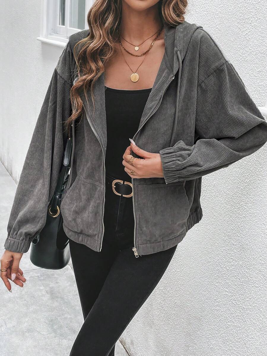 SHEIN Frenchy 落肩袖拉鏈開襟抽繩連帽燈芯絨夾克 - 灰色 - 查看 1