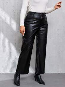 SHEIN Privé Plus PU Black Leather Flare Leg Spring  Long Pants - Black - View 4