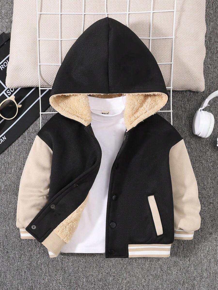 SHEIN 小男孩休閒街頭風格寬鬆連帽外套太空人背設計拼布袖條紋裝飾適合秋冬 - 彩色 - 查看 1