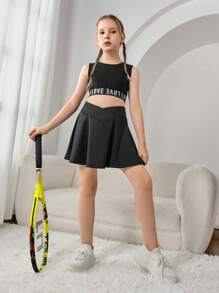 SHEIN 少女運動裙式緊身褲，附手機袋和 V 型高腰細節，適合戶外運動、健身、瑜珈、有氧運動 - 黑色 - 查看 5