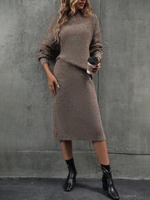 SHEIN Clasi 小高領落肩袖毛衣和針織裙 - 咖啡棕 - 查看 5