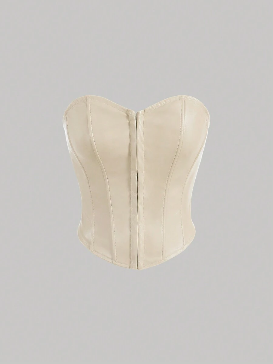 SHEIN MOD Áo corset ống da bó sát màu mơ có móc khóa phía trước - Màu be - Xem 1