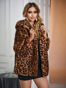 SHEIN Essnce 豹紋印花連帽毛茸茸外套 - 卡其色 - 查看 3