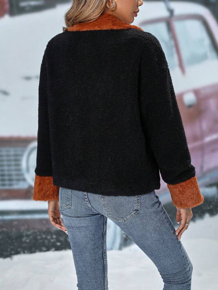 Contrast Teddy Panel Drop Shoulder Flap Detail Jacket Fall Cloth For Women