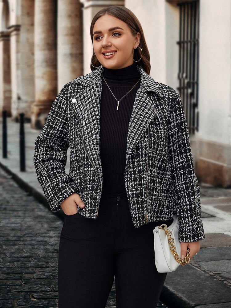 Plus Plaid Print Lapel Neck Tweed Overcoat Winter Fall Autumn