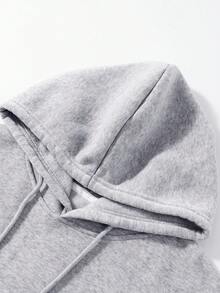 SHEIN EZwear 狗狗和標語圖案袋鼠口袋抽繩加絨內裏連帽衫 - 灰色 - 查看 4