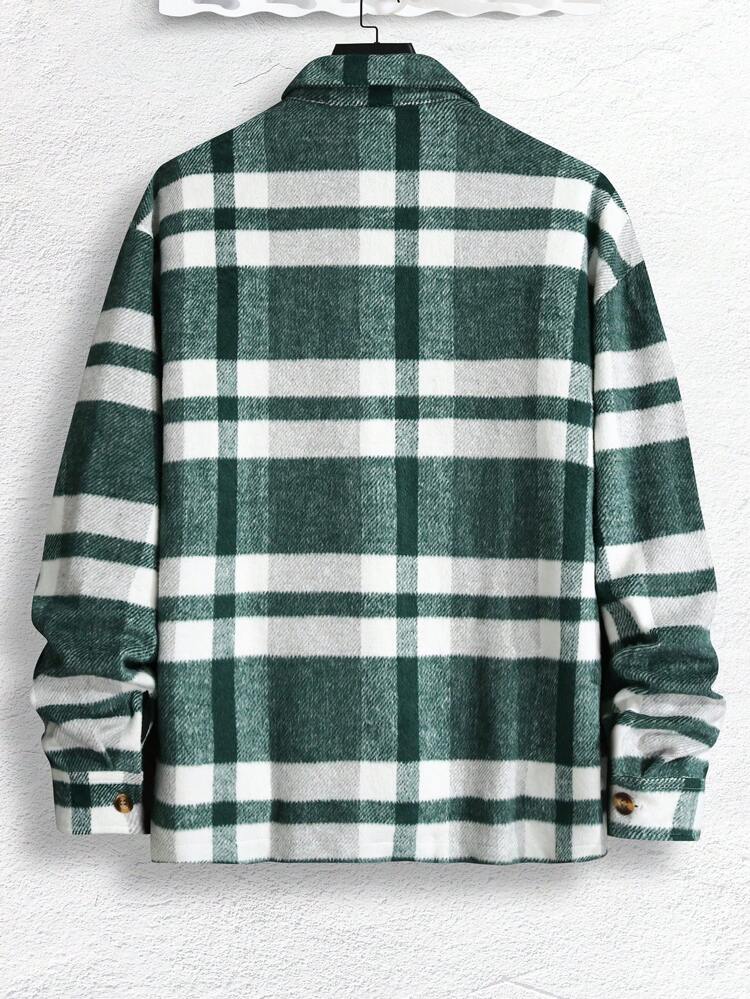 Men Plaid Print Flap Pocket Button Front Shacket