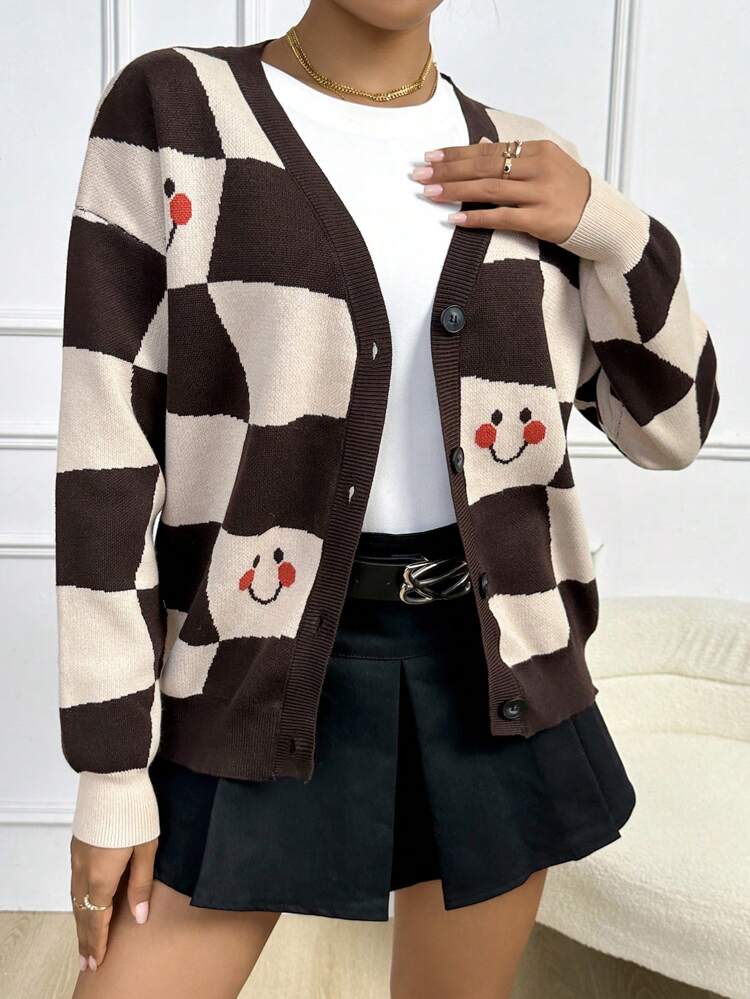 Checker & Cartoon Pattern Drop Shoulder Cardigan