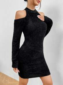 SHEIN Unity Cold Shoulder Fuzzy Sweater Dress - Black - View 1
