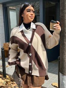 SHEIN EZwear Hơn Khối màu Thả vai Nút phía trước Áo len Mở - Nhiều màu - Xem 6