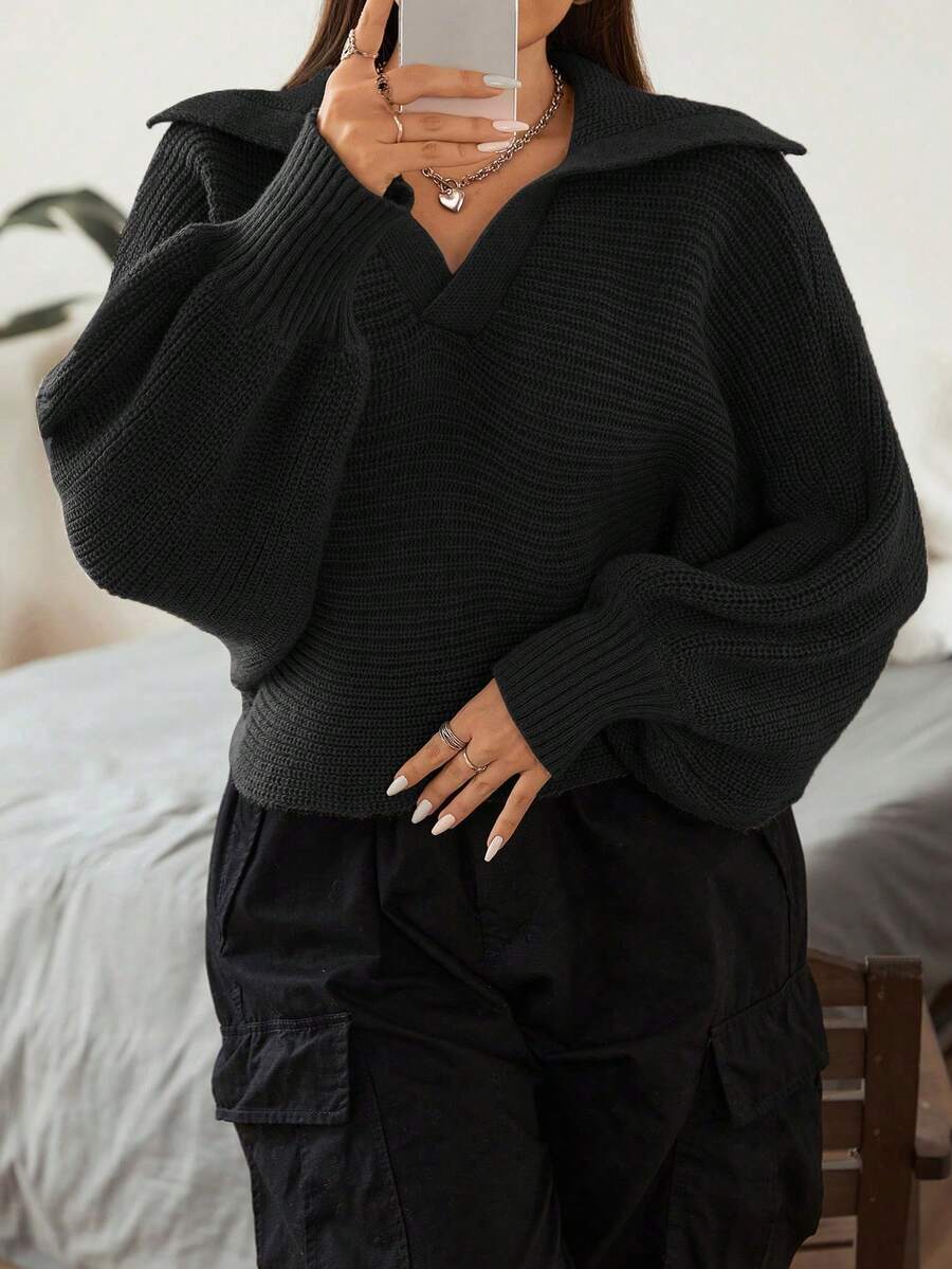 Flirla Hơn Chất rắn tay cánh Áo len - màu đen - Xem 1