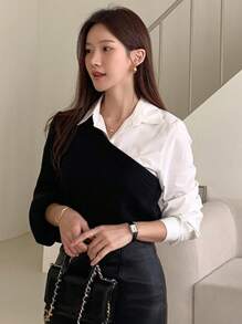 DAZY Blusa de manga abullonada de dos tonos 2 en 1 Blusas de manga larga para mujer - Blanco y Negro - Ver 3