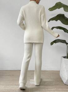 SHEIN LUNE Mock Neck Drop Shoulder Sweater & Knit Pants - White - View 2