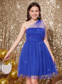 Teen Girl One Shoulder Mesh Overlay Dress - Baby Blue - View 1