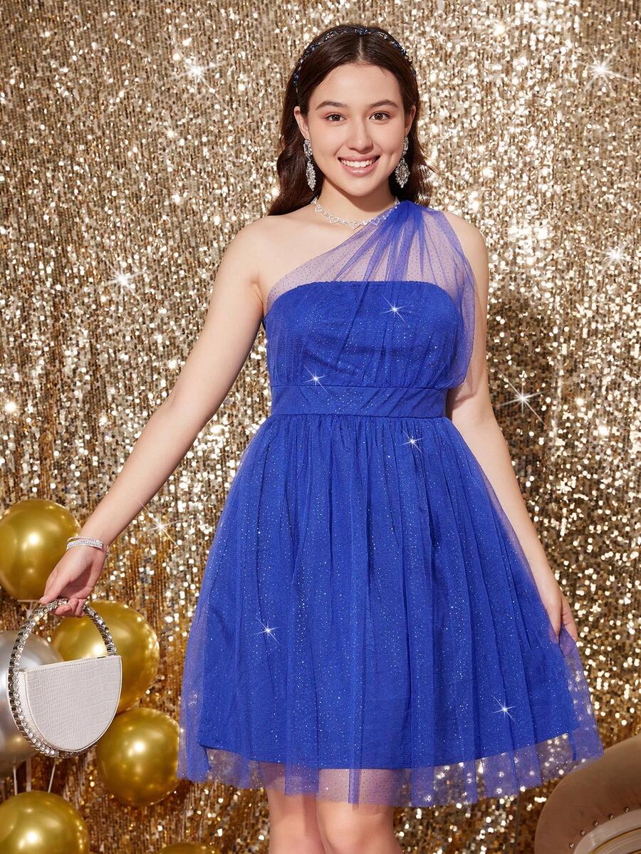 Teen Girl One Shoulder Mesh Overlay Dress - Baby Blue - View 1