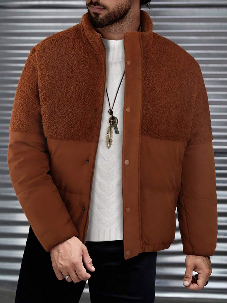 Men Contrast Teddy Snap Button Front Loose Padded Coat