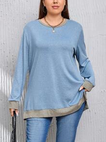SHEIN LUNE Plus Contrast Trim Split Hem Sweatshirt - Blue - View 3