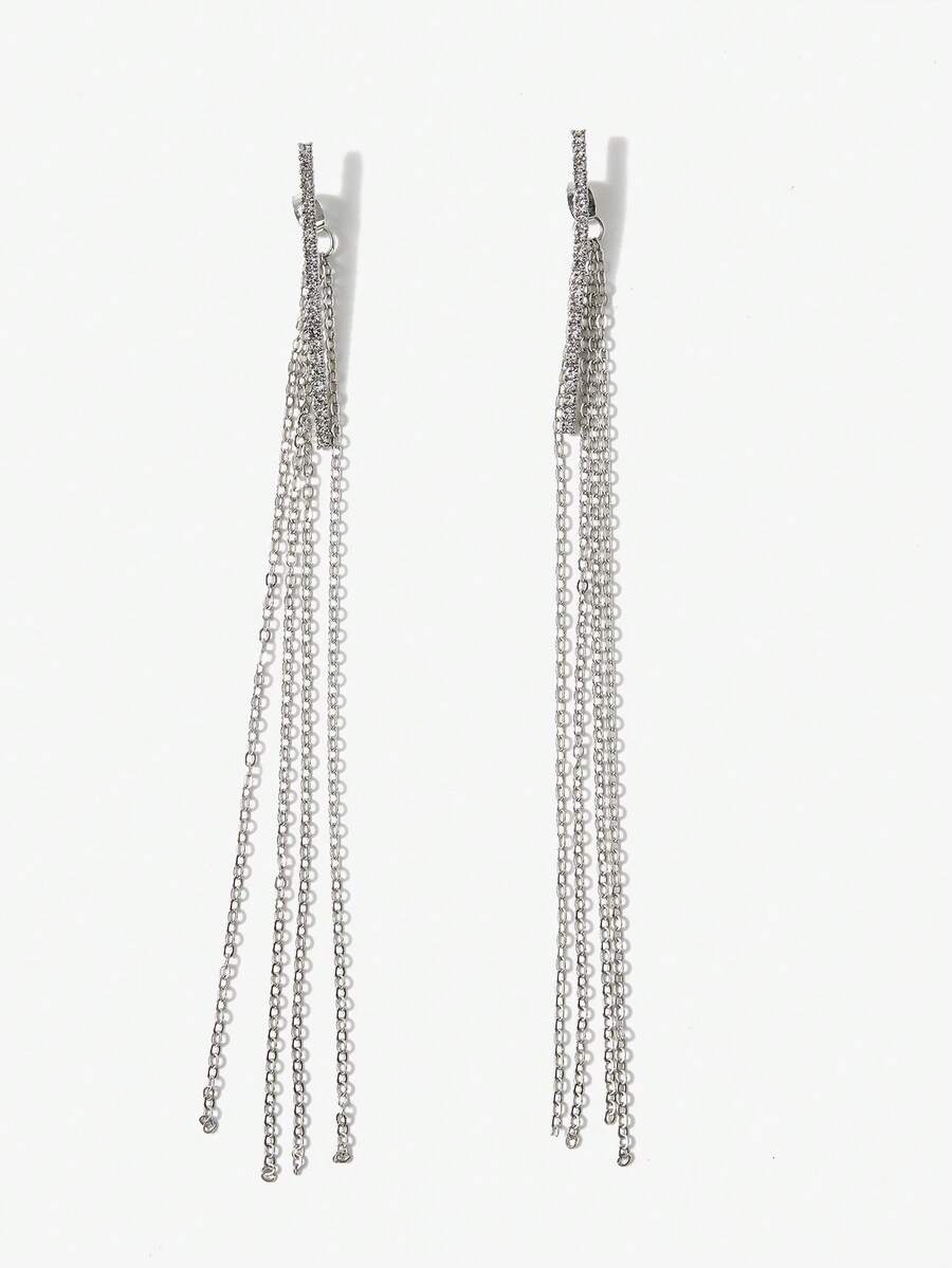 SHEIN BAE 1 đôi Chuỗi dài Thiết kế tua & Đồ trang trí Rhinestone Hoa tai - Bạc - Xem 1