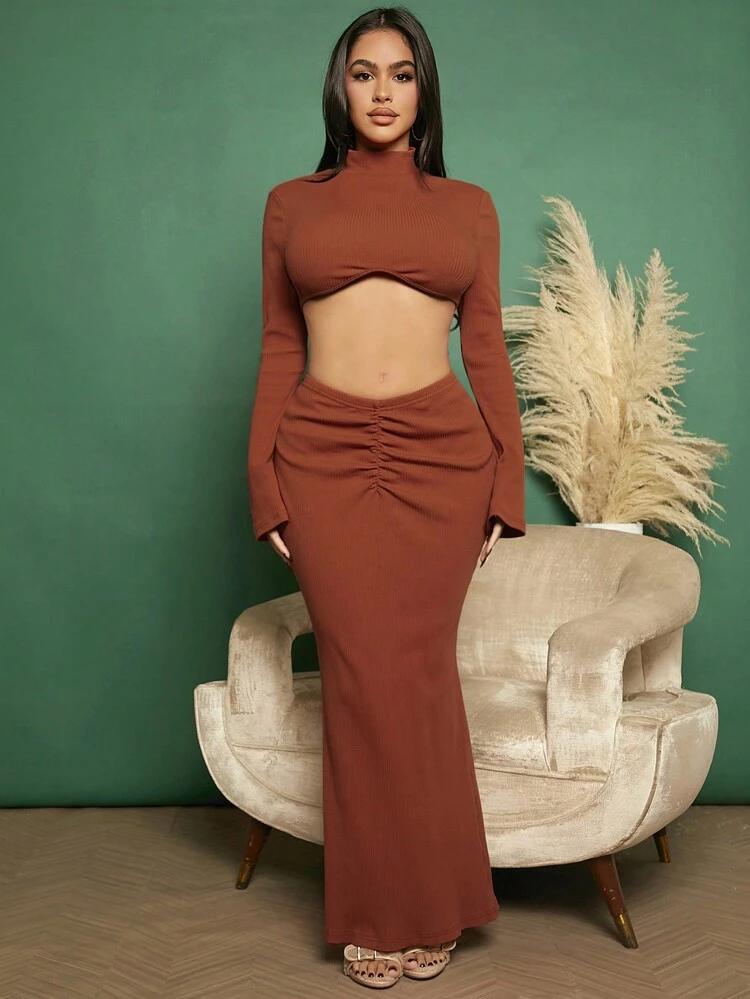 Mock Neck Crop Top & Ruched Front Skirt