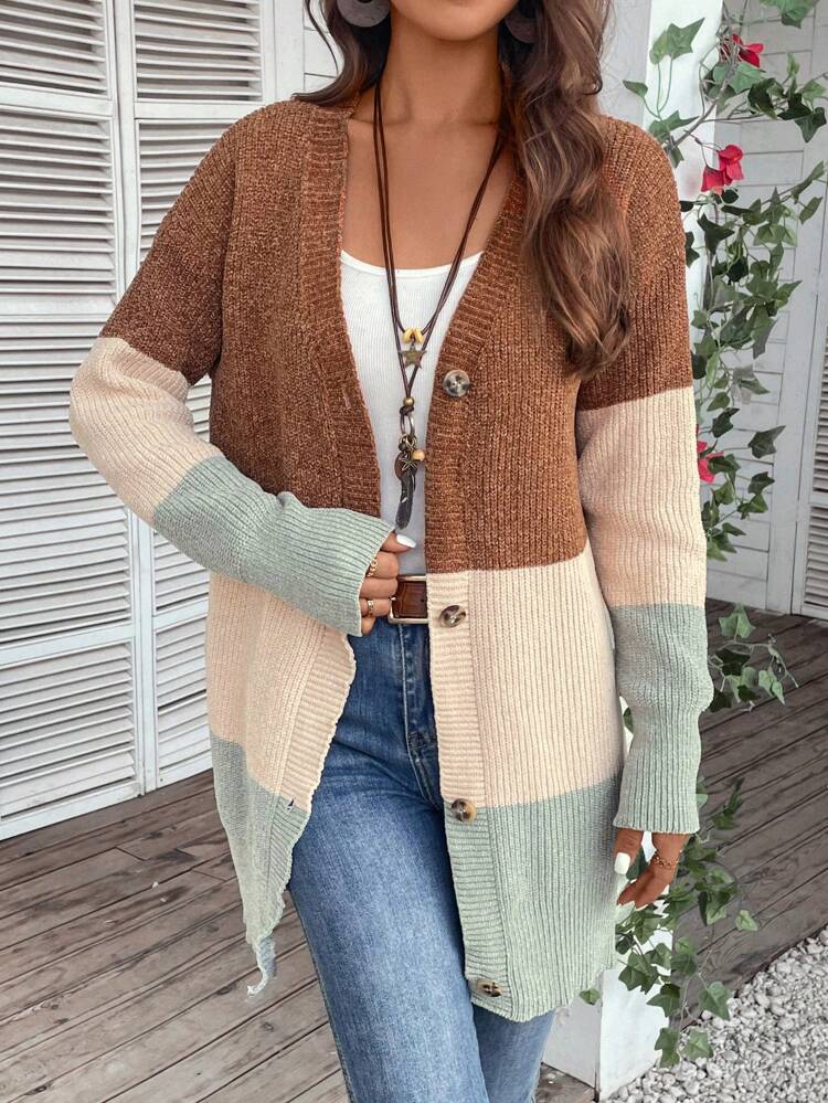 Color Block Drop Shoulder Cardigan In Fall/Winter