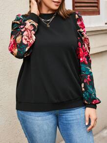 EMERY ROSE Plus Floral Print Puff Sleeve Sweatshirt - Multicolor - View 3
