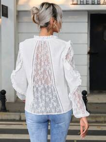 SHEIN Privé Blusa con encaje en contraste ribete con fruncido - Blanco - Ver 1