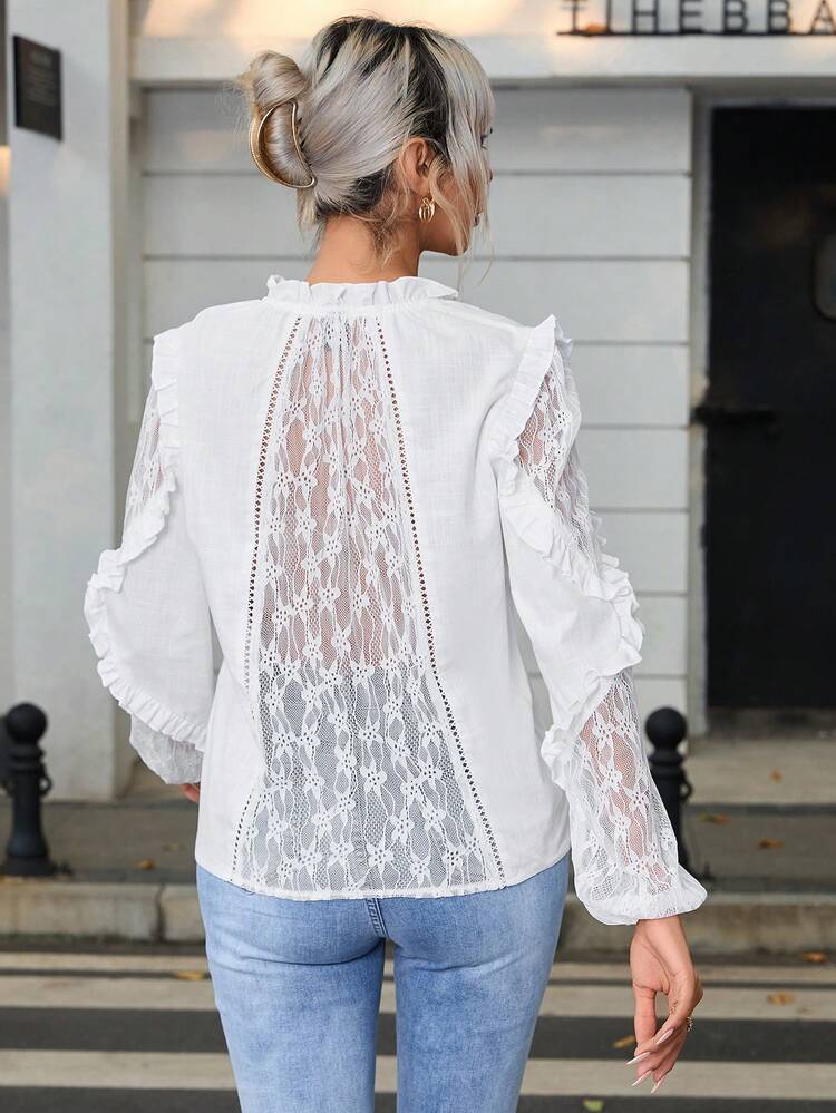 Contrast Lace Ruffle Trim Blouse