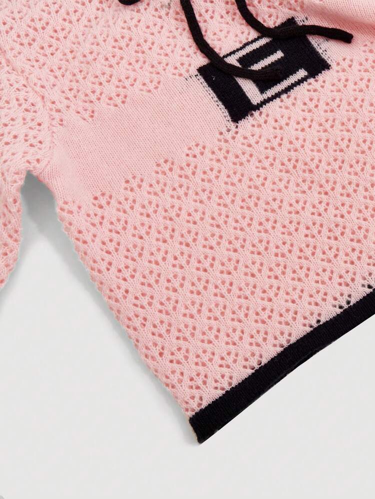 Contrast Binding Knot Front Pointelle Knit Pullover Fall Winter Sweater