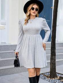 Calvaya Talla grande Vestido unicolor de manga gigot tejido de canalé - Gris Claro - Ver 5