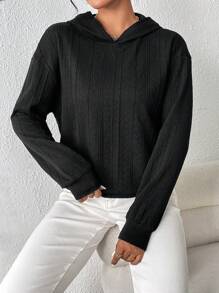 SHEIN Essnce 1pc Solid Drop Shoulder Hoodie - Black and White - View 6