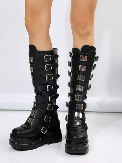 ROMWE Avant Women Buckle Decor Boots, Punk Black Outdoor Wedge Boots Fall For Christmas And New Year Holiday